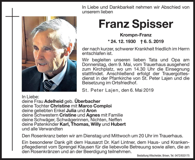  Traueranzeige für Franz Spisser vom 07.05.2019 aus Dolomiten
