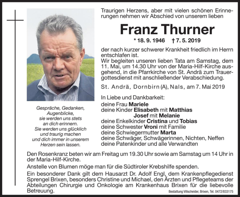  Traueranzeige für Franz Thurner vom 10.05.2019 aus Dolomiten