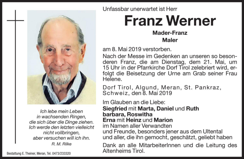  Traueranzeige für Franz Werner vom 17.05.2019 aus Dolomiten