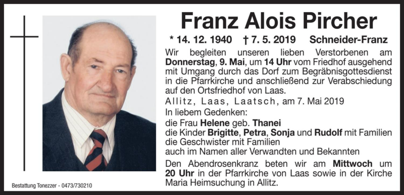  Traueranzeige für Franz Alois Pircher vom 08.05.2019 aus Dolomiten