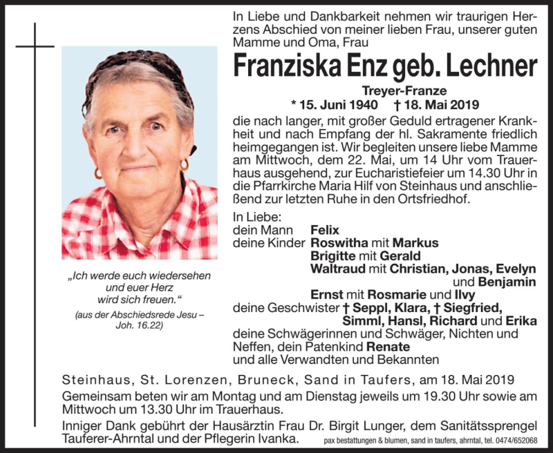  Traueranzeige für Franziska Enz vom 20.05.2019 aus Dolomiten