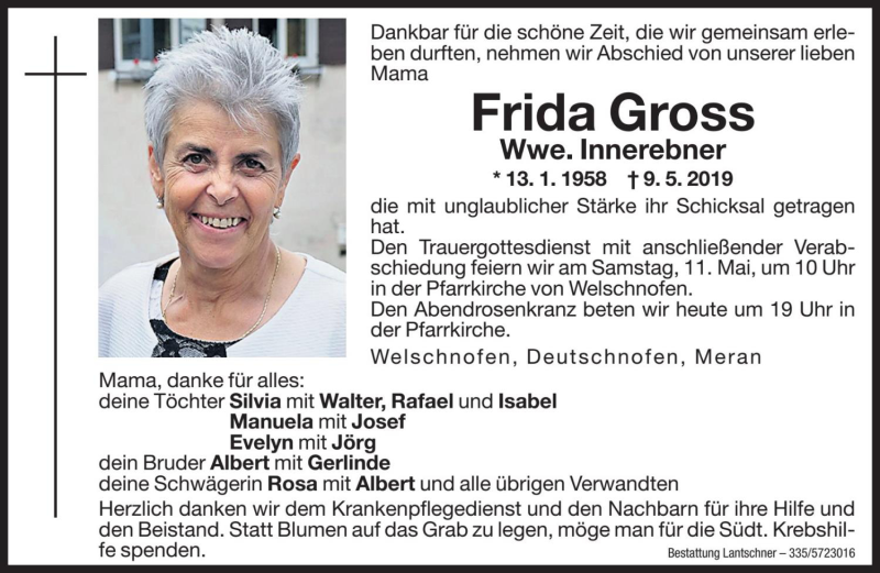  Traueranzeige für Frida Innerebner vom 10.05.2019 aus Dolomiten