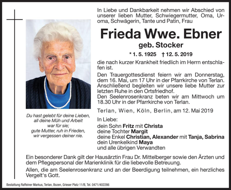  Traueranzeige für Frieda Ebner vom 14.05.2019 aus Dolomiten