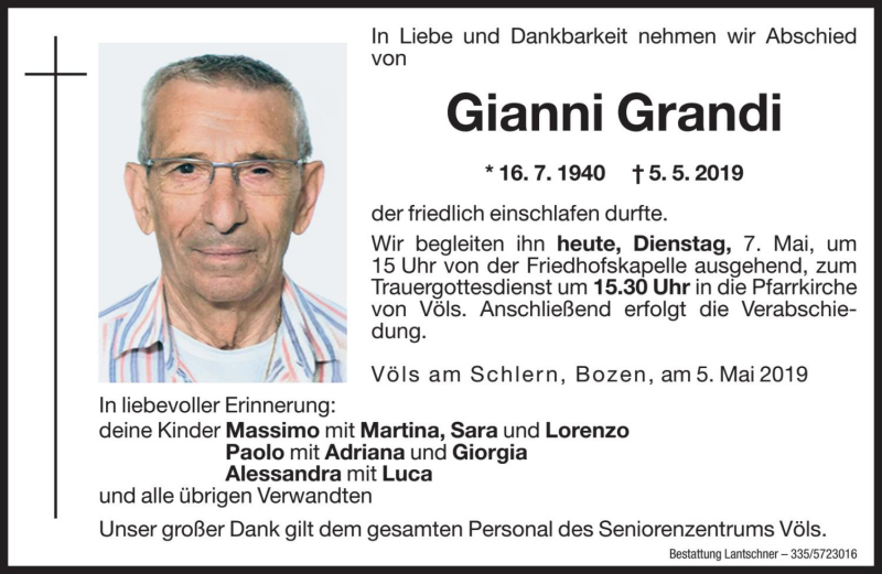  Traueranzeige für Gianni Grandi vom 07.05.2019 aus Dolomiten
