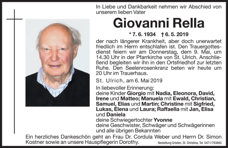  Traueranzeige für Giovanni Rella vom 08.05.2019 aus Dolomiten