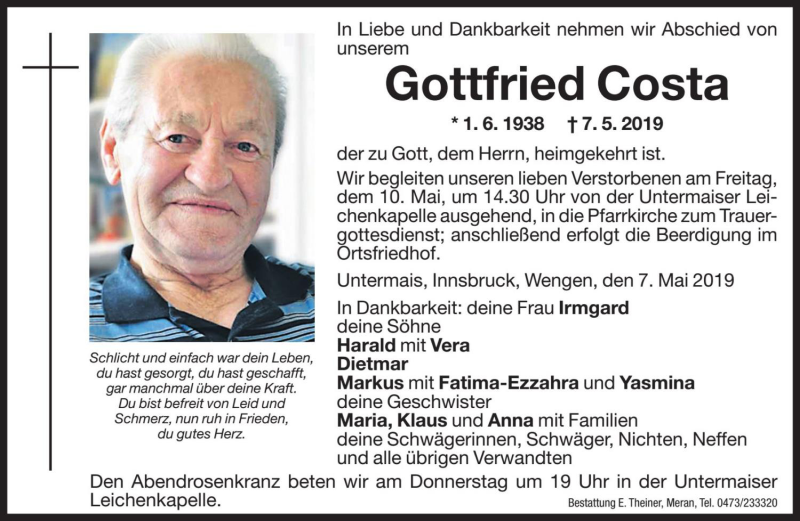  Traueranzeige für Gottfried Costa vom 09.05.2019 aus Dolomiten