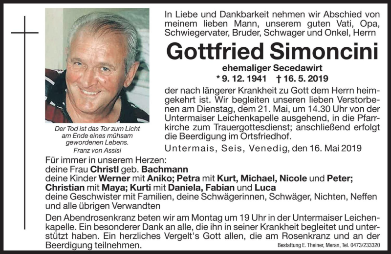  Traueranzeige für Gottfried Simoncini vom 18.05.2019 aus Dolomiten