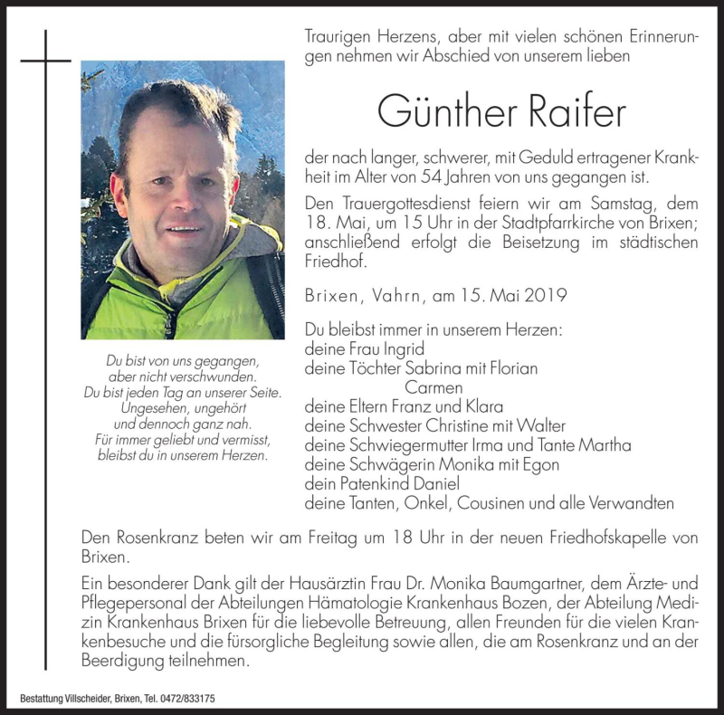  Traueranzeige für Günther Raifer vom 17.05.2019 aus Dolomiten