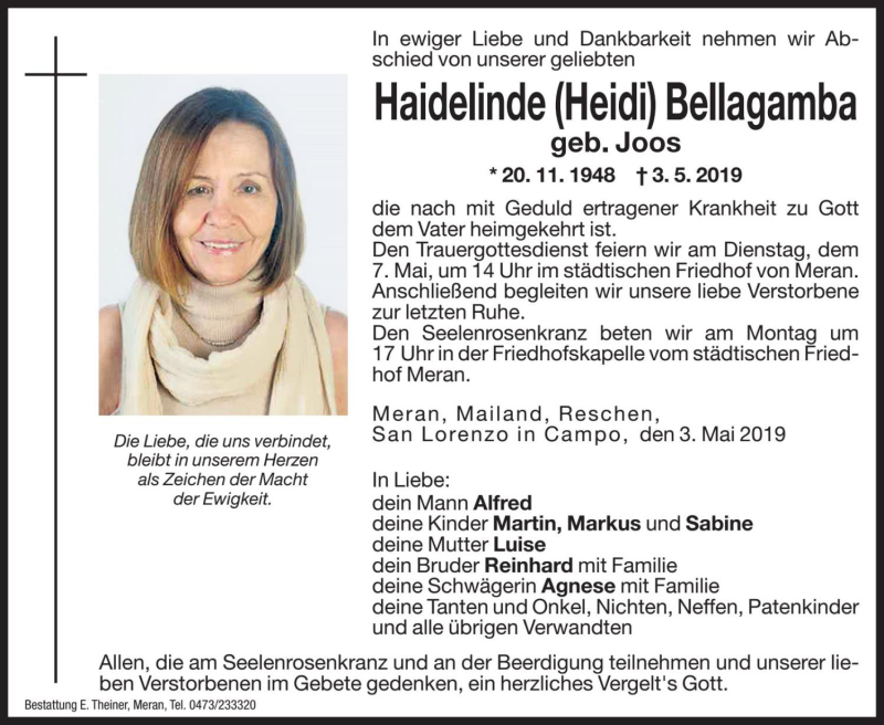  Traueranzeige für Haidelinde Bellagamba vom 06.05.2019 aus Dolomiten