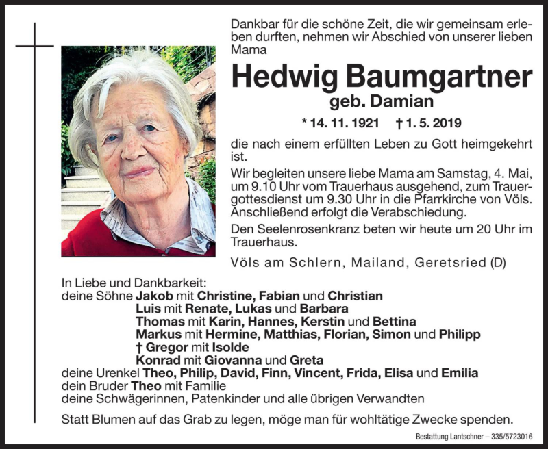  Traueranzeige für Hedwig Baumgartner vom 03.05.2019 aus Dolomiten