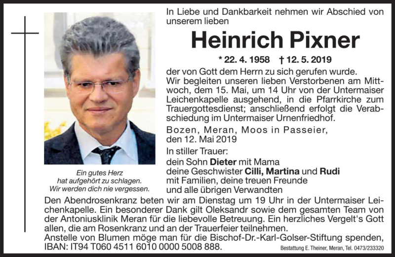  Traueranzeige für Heinrich Pixner vom 14.05.2019 aus Dolomiten