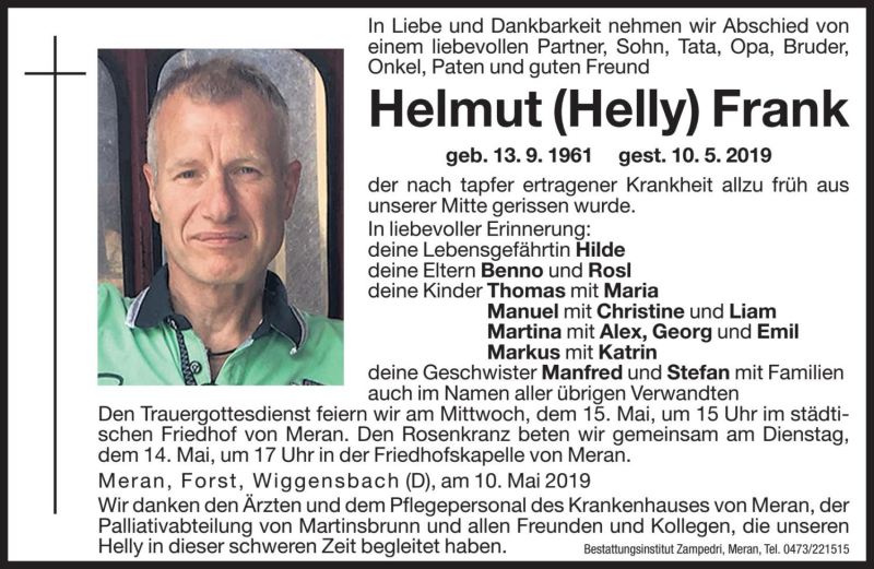  Traueranzeige für Helmut Frank vom 13.05.2019 aus Dolomiten