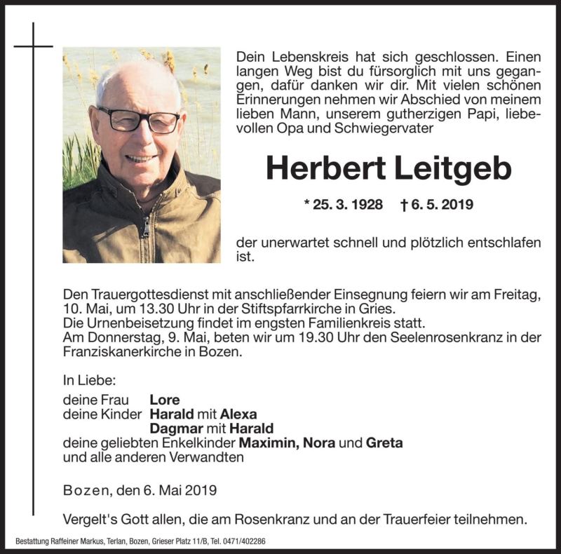  Traueranzeige für Herbert Leitgeb vom 08.05.2019 aus Dolomiten