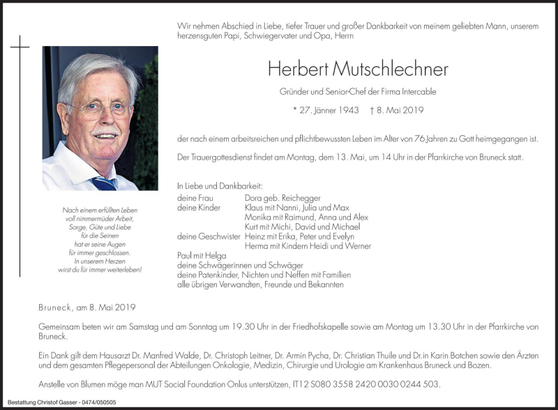  Traueranzeige für Herbert Mutschlechner vom 10.05.2019 aus Dolomiten