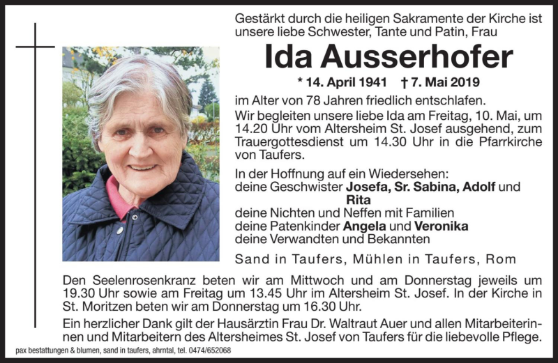  Traueranzeige für Ida Ausserhofer vom 08.05.2019 aus Dolomiten