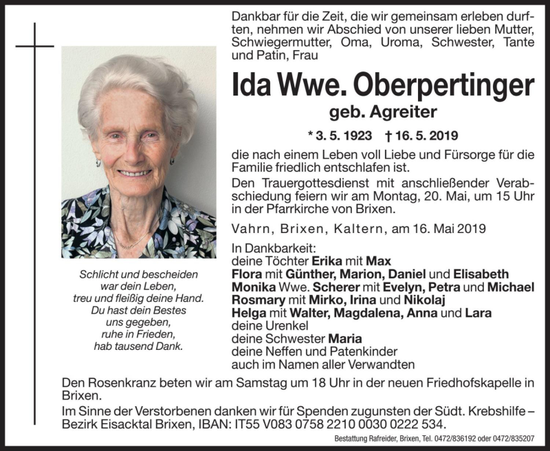  Traueranzeige für Ida Oberpertinger vom 17.05.2019 aus Dolomiten