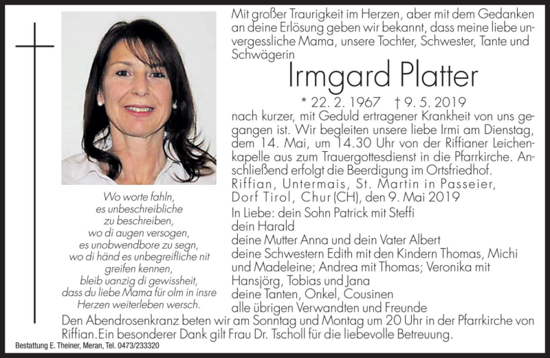  Traueranzeige für Irmgard Platter vom 11.05.2019 aus Dolomiten