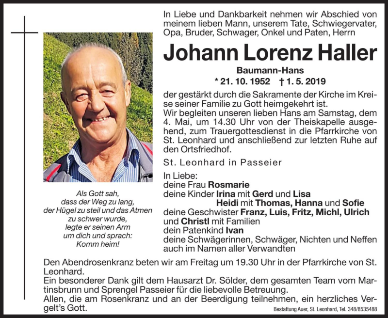  Traueranzeige für Johann Lorenz Haller vom 03.05.2019 aus Dolomiten