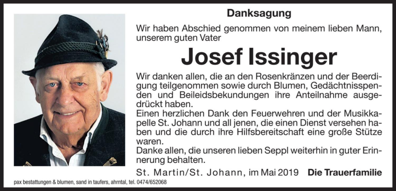  Traueranzeige für Josef Issinger vom 17.05.2019 aus Dolomiten