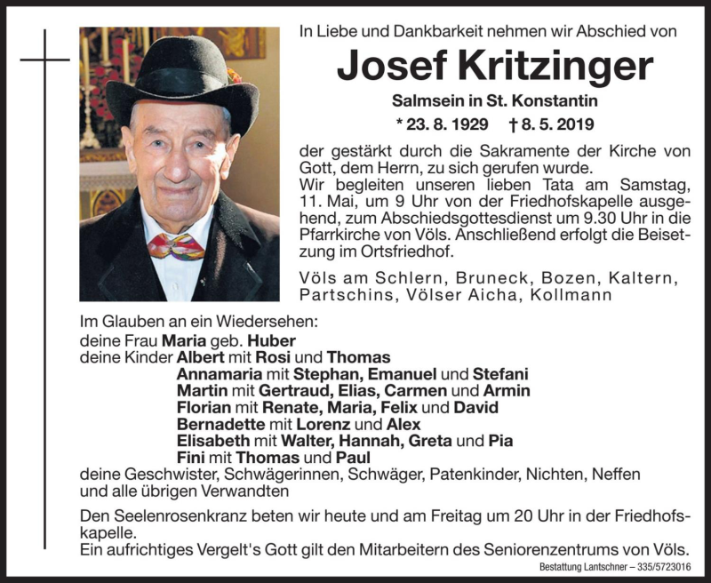  Traueranzeige für Josef Kritzinger vom 09.05.2019 aus Dolomiten
