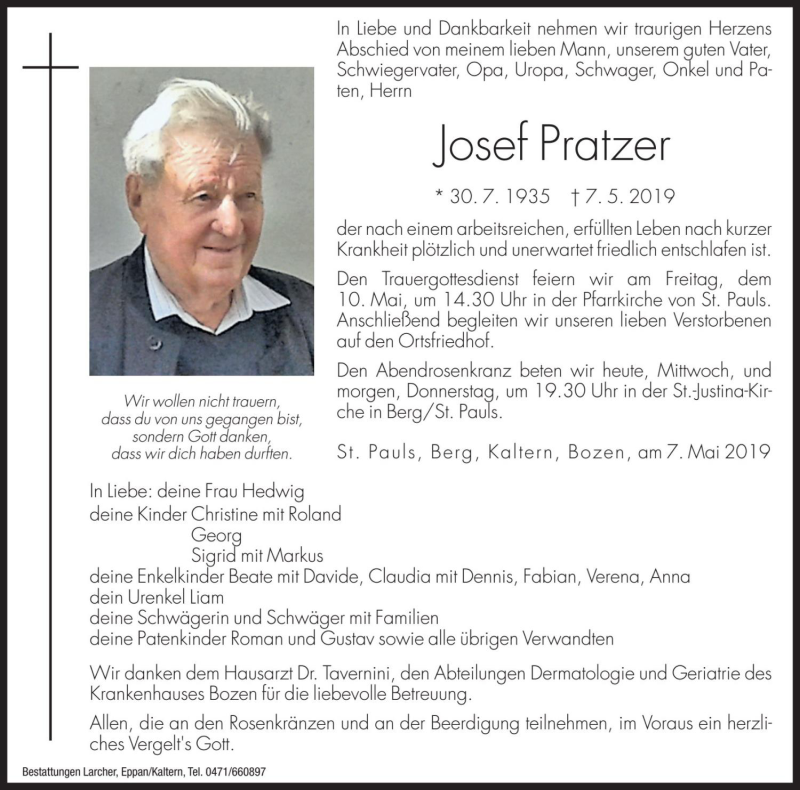  Traueranzeige für Josef Pratzer vom 08.05.2019 aus Dolomiten