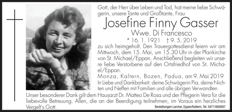  Traueranzeige für Josefine Finny Di Francesco vom 13.05.2019 aus Dolomiten