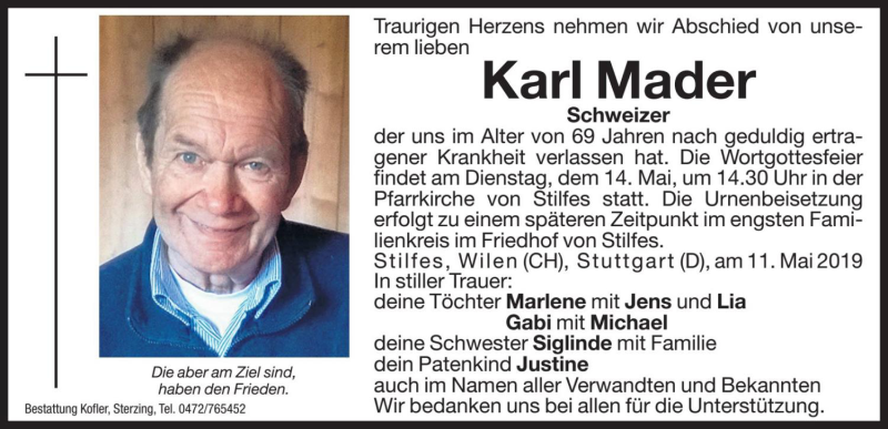  Traueranzeige für Karl Mader vom 13.05.2019 aus Dolomiten