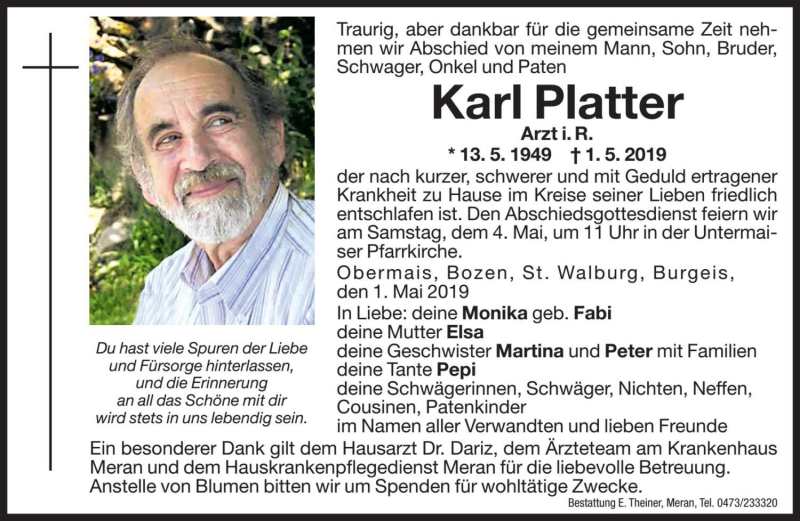  Traueranzeige für Karl Platter vom 03.05.2019 aus Dolomiten