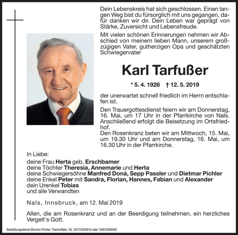  Traueranzeige für Karl Tarfußer vom 14.05.2019 aus Dolomiten