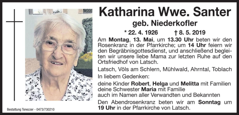  Traueranzeige für Katharina Santer vom 10.05.2019 aus Dolomiten