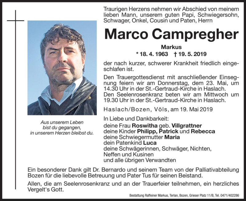  Traueranzeige für Marco Campregher vom 21.05.2019 aus Dolomiten