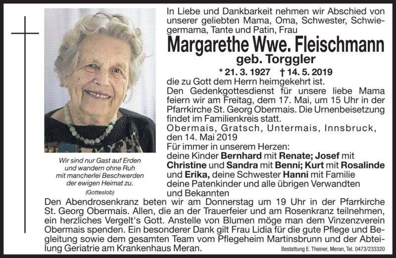  Traueranzeige für Margarethe Fleischmann vom 15.05.2019 aus Dolomiten