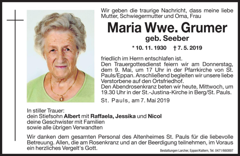  Traueranzeige für Maria Grumer vom 08.05.2019 aus Dolomiten