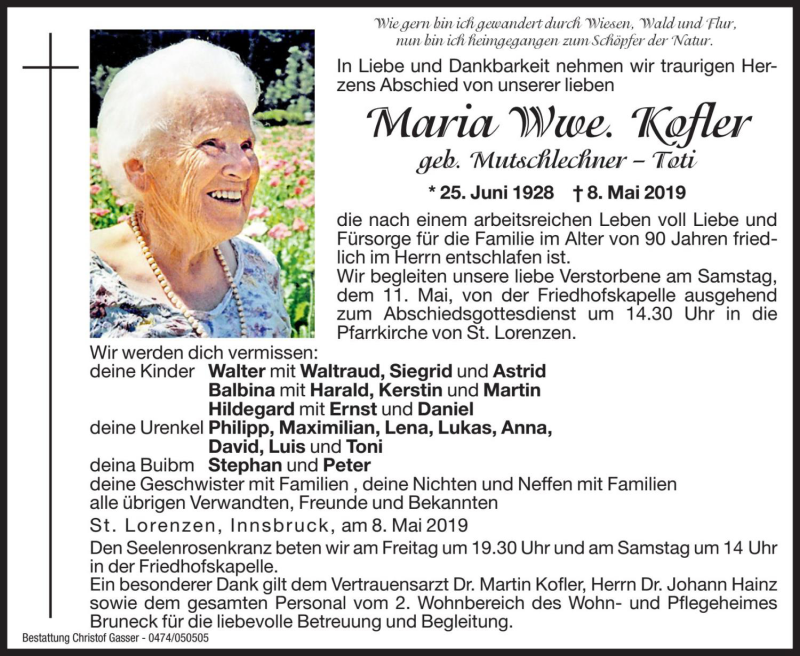  Traueranzeige für Maria Kofler vom 10.05.2019 aus Dolomiten
