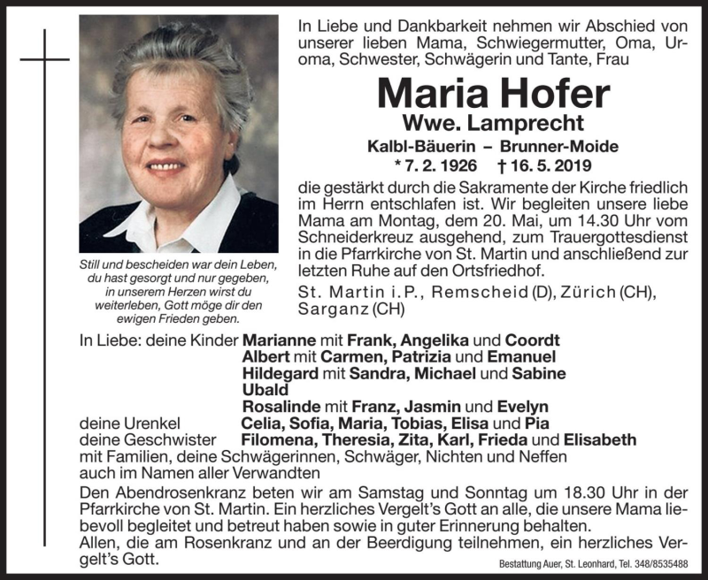 Traueranzeige für Maria Lamprecht vom 18.05.2019 aus Dolomiten