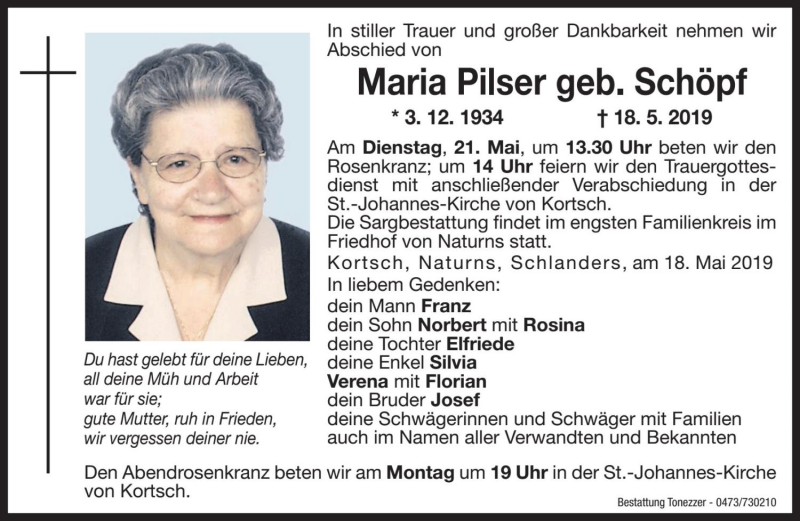  Traueranzeige für Maria Pilser vom 20.05.2019 aus Dolomiten