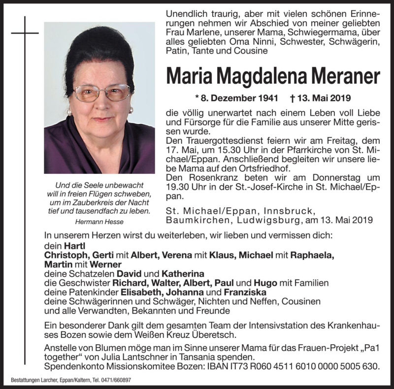  Traueranzeige für Maria Magdalena Meraner vom 15.05.2019 aus Dolomiten