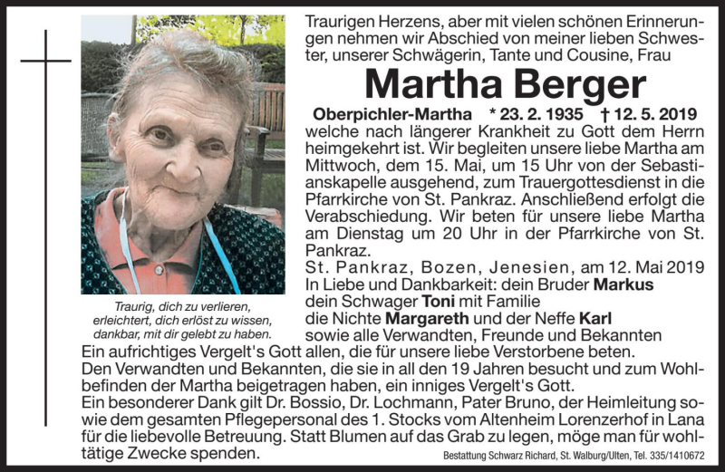  Traueranzeige für Martha Berger vom 14.05.2019 aus Dolomiten