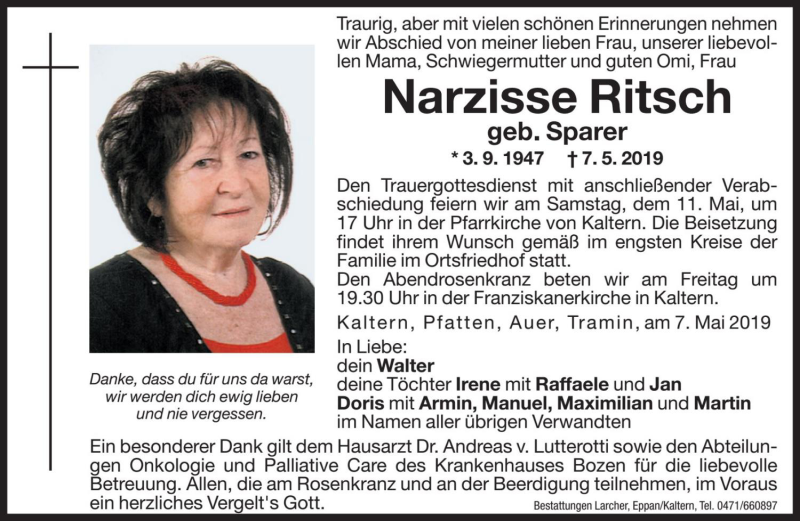  Traueranzeige für Narzisse Ritsch vom 08.05.2019 aus Dolomiten
