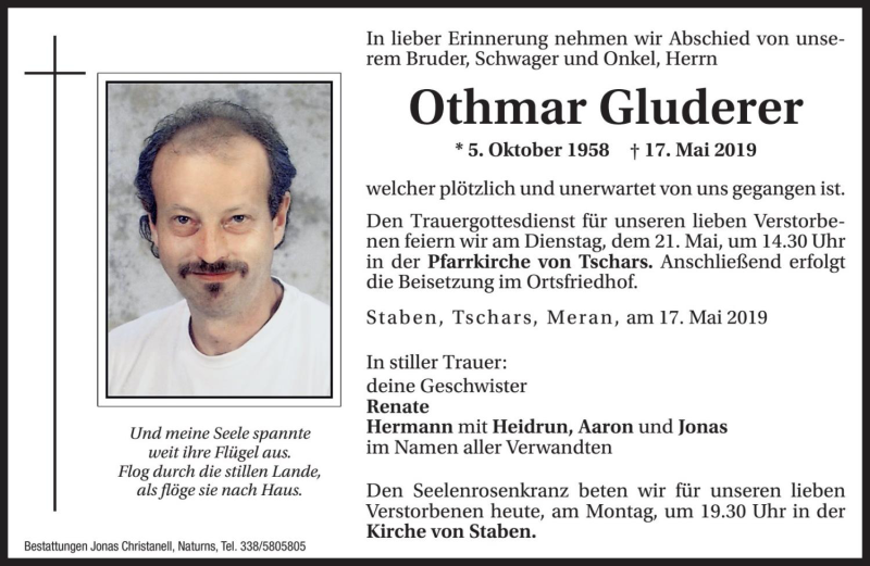  Traueranzeige für Othmar Gluderer vom 20.05.2019 aus Dolomiten