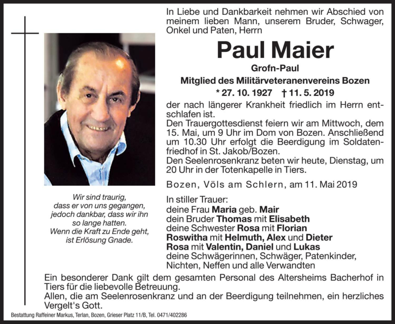  Traueranzeige für Paul Maier vom 14.05.2019 aus Dolomiten
