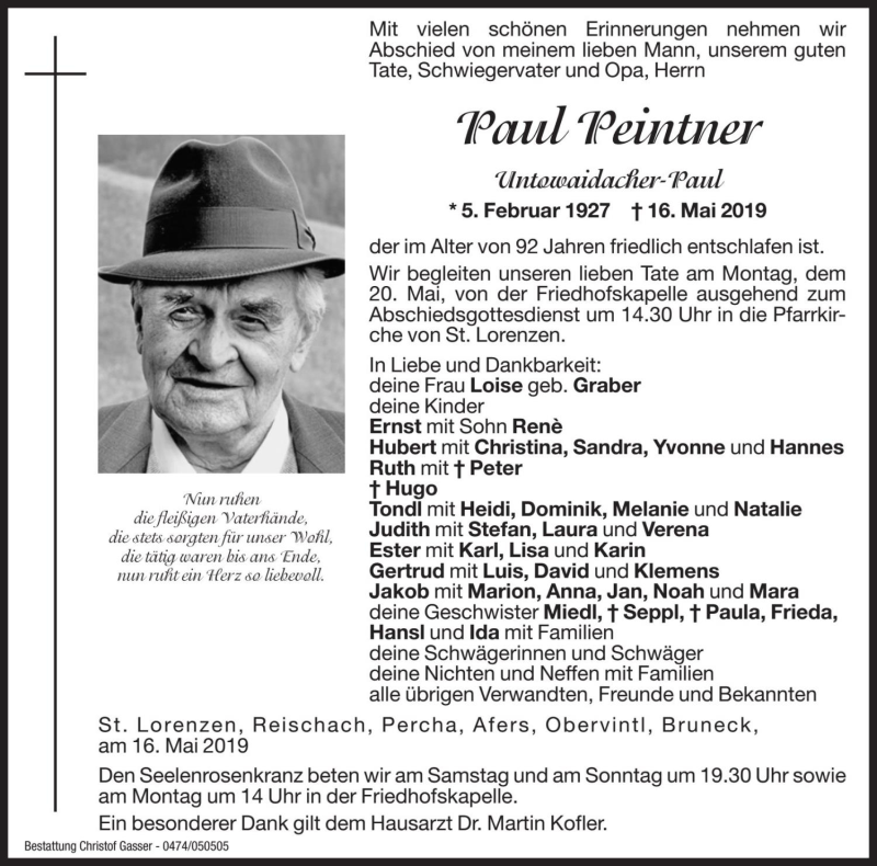  Traueranzeige für Paul Peintner  vom 18.05.2019 aus Dolomiten