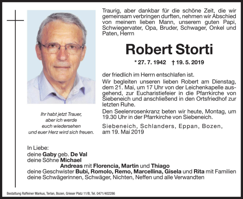 Traueranzeige für Robert Storti vom 20.05.2019 aus Dolomiten