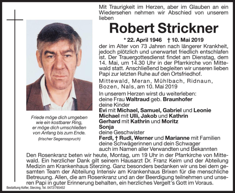  Traueranzeige für Robert Strickner vom 13.05.2019 aus Dolomiten