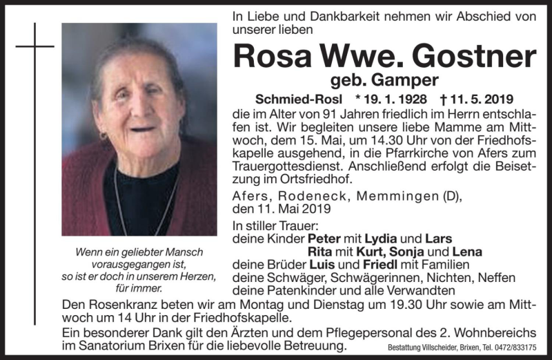  Traueranzeige für Rosa Gostner vom 13.05.2019 aus Dolomiten