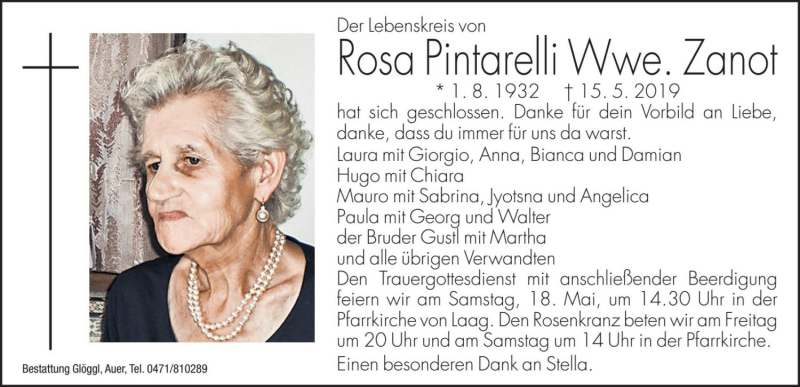  Traueranzeige für Rosa Zanot vom 17.05.2019 aus Dolomiten