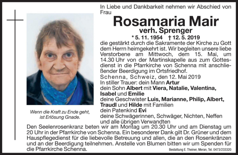  Traueranzeige für Rosamaria Sprenger vom 13.05.2019 aus Dolomiten