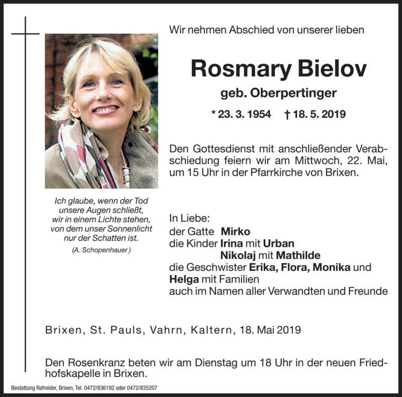  Traueranzeige für Rosmary Bielov vom 20.05.2019 aus Dolomiten