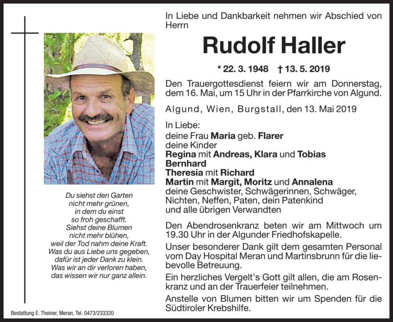  Traueranzeige für Rudolf Haller vom 15.05.2019 aus Dolomiten