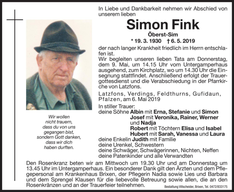  Traueranzeige für Simon Fink vom 08.05.2019 aus Dolomiten
